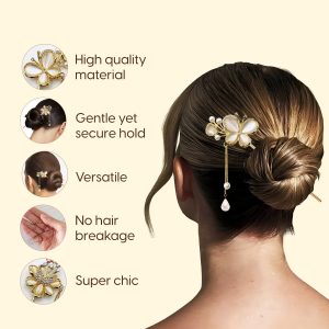 Alternative view of Matra Hair Stick for Bun Juda Metal Jooda Pin Clip Gold-tone Fancy Rhinestone Pearl Tassel Accessory