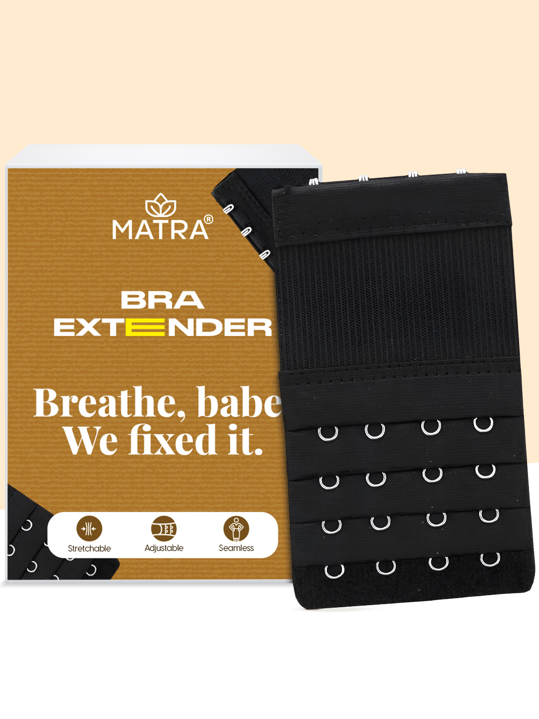 Matra Bra Extender Stretchable Elastic Extension Adjustable Strap 4 Hook 4 Eye (Black)