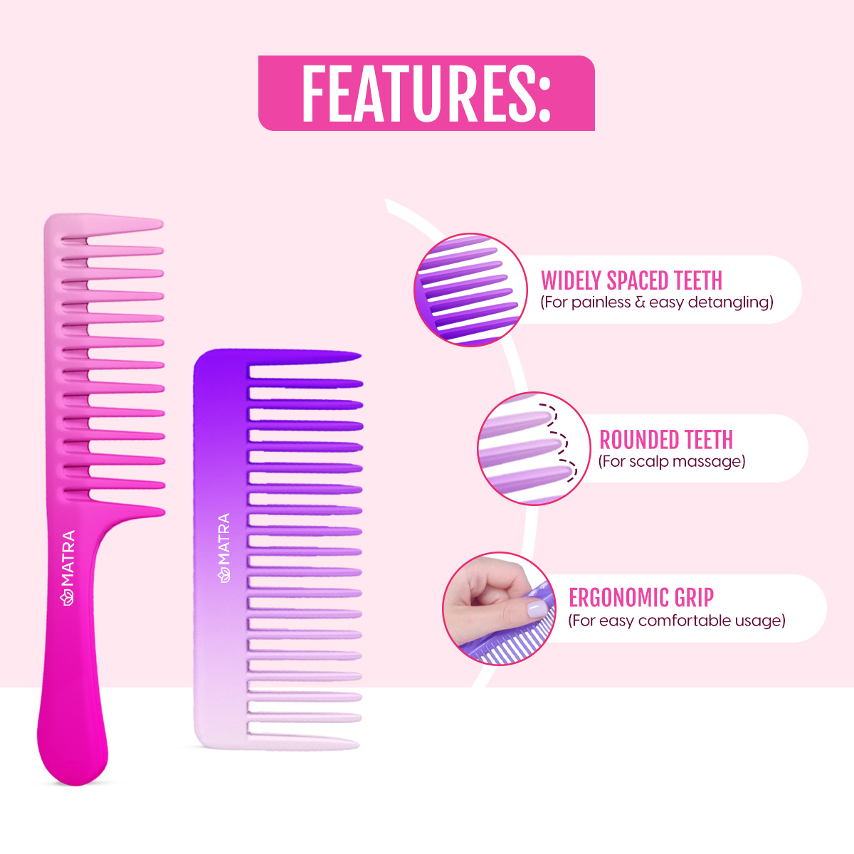 Matra Wide Teeth Shampoo Hair Combs Detangling Broad Tooth with Handle Anti-breakage Any Color (2Pc) - Image 3