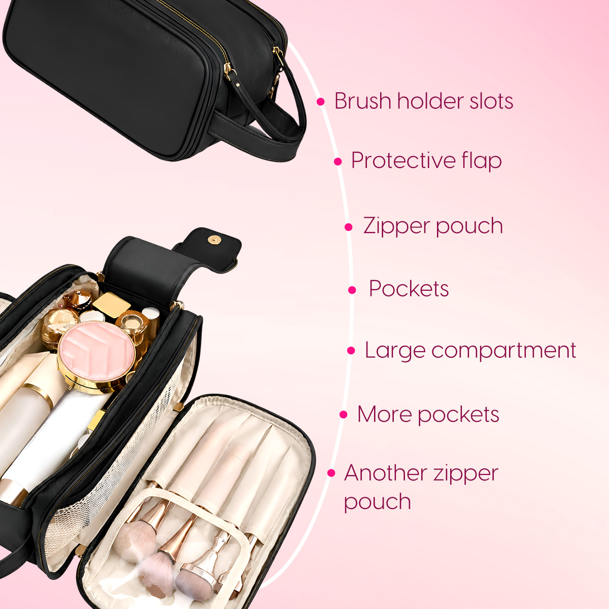 Matra Makeup Bag Pouch Travel Toiletry Organizer Large Cosmetic Storage Organiser Vanity Kit (Black) - Image 2