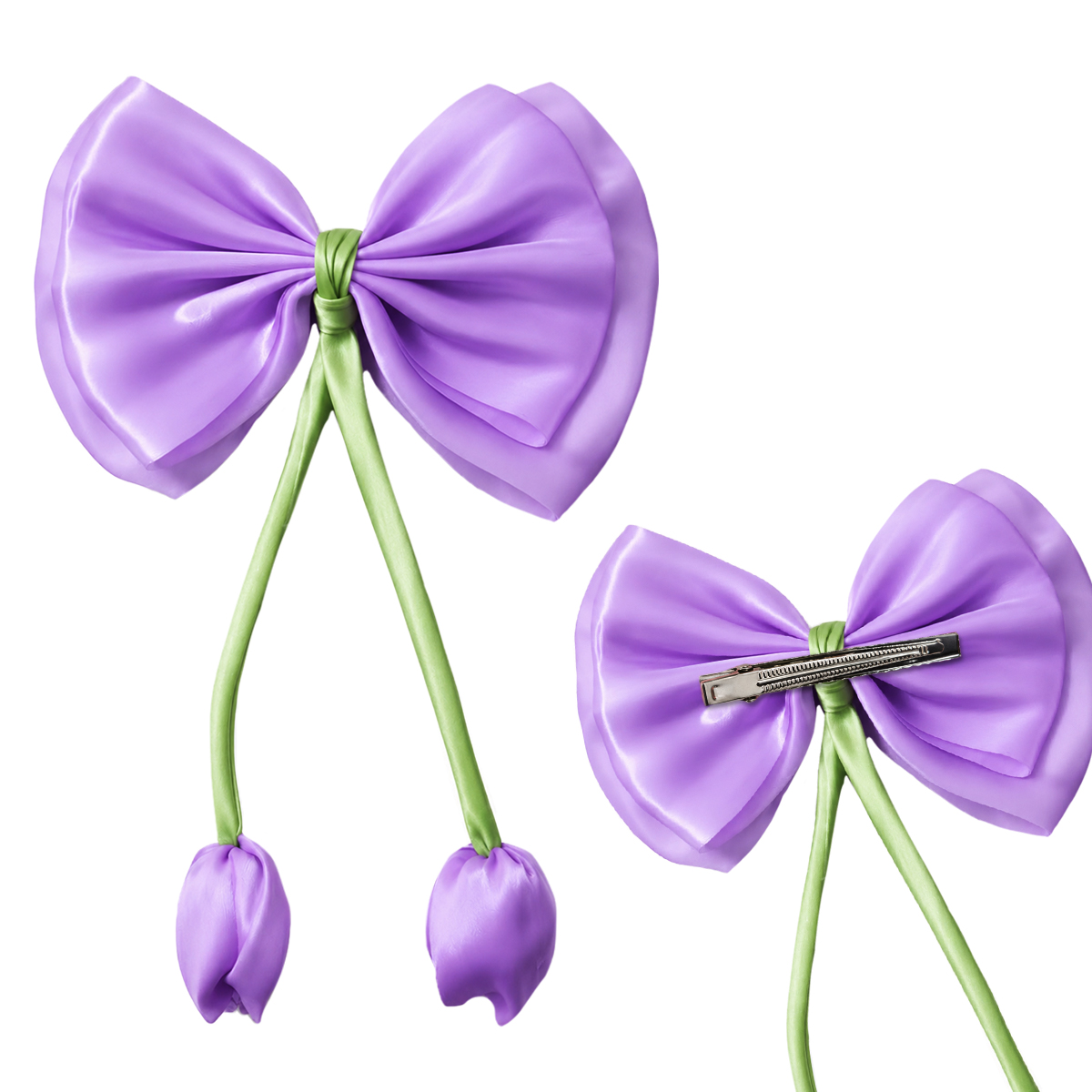 Matra Bow Hair Clip with Tulip Flower Ribbon Satin Bowknot Korean Alligator Clip for Women & Kids - Image 2