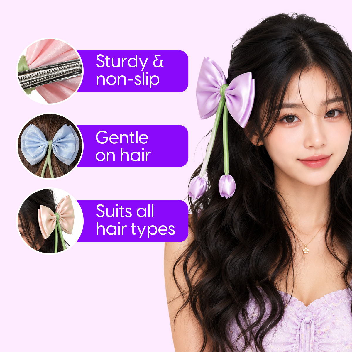 Matra Bow Hair Clip with Tulip Flower Ribbon Satin Bowknot Korean Alligator Clip for Women & Kids - Image 3
