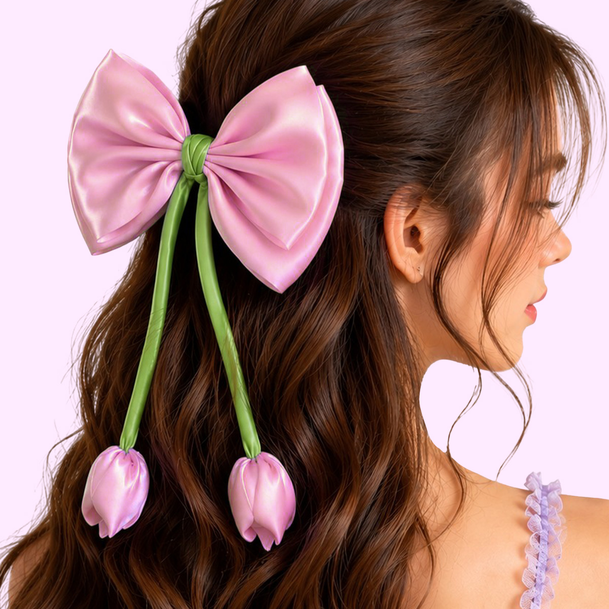 Matra Bow Hair Clip with Tulip Flower Ribbon Satin Bowknot Korean Alligator Clip for Women & Kids - Image 6