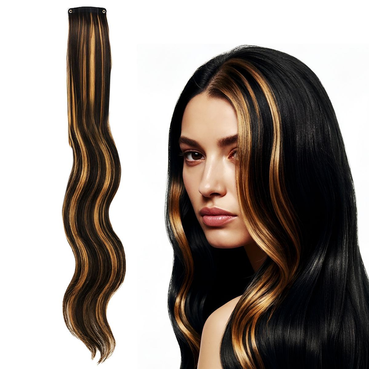 Matra Black Hair Extensions Golden Blonde Highlights Artificial Wavy Clip On Strip Curly Streak 55cm 1 pc