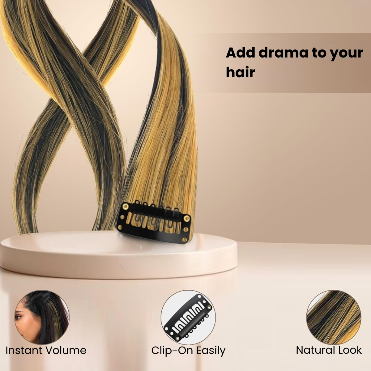 Matra Black Hair Extensions Golden Blonde Highlights Artificial Wavy Clip On Strip Curly Streak 55cm 1 pc - Image 4