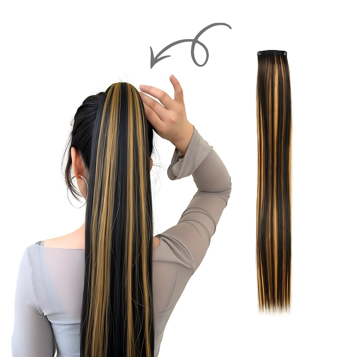 Matra Black Hair Extensions Golden Blonde Highlights Artificial Wavy Clip On Strip Curly Streak 55cm 1 pc - Image 6