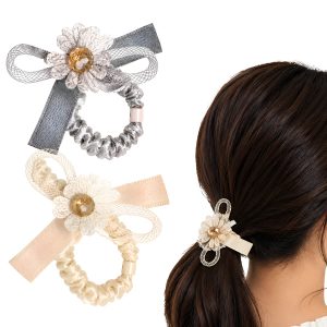 Matra Bow Hair Ties Scrunchies Rubber Bands with Ribbon Flower Ponytail Holders - Assorted Colours