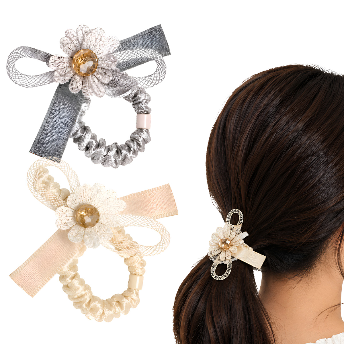 Matra Bow Hair Ties Scrunchies Rubber Bands with Ribbon Flower Ponytail Holders - Assorted Colours