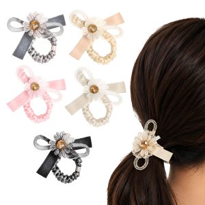 Matra Bow Hair Ties Scrunchies Rubber Bands with Ribbon Flower Ponytail Holders - Assorted Colours 5Pc