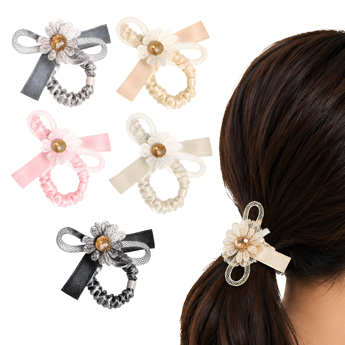 Matra Bow Hair Ties Scrunchies Rubber Bands with Ribbon Flower Ponytail Holders - Assorted Colours 5Pc