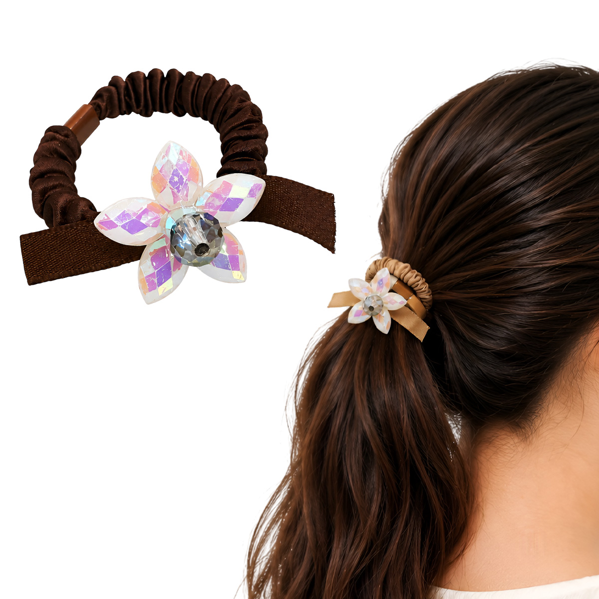 Matra Satin Hair Ties Scrunchies Ponytail Holders Rubber Bands with Flower Charm - Assorted Colors (2Pc Any Color)