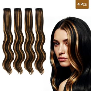 Matra Black Hair Extensions Golden Blonde Highlight Artificial Wavy Clip Strip Curly Streak 55cm 4Pc