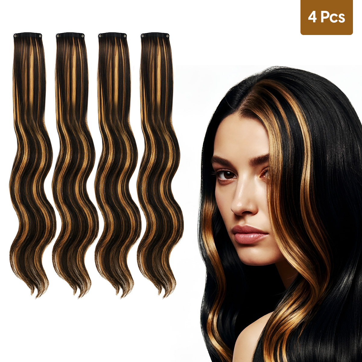 Matra Black Hair Extensions Golden Blonde Highlight Artificial Wavy Clip Strip Curly Streak 55cm 4Pc