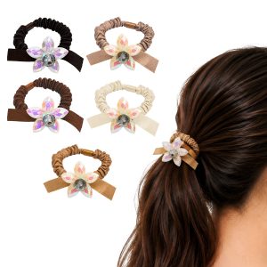 Matra Satin Hair Ties Scrunchies Ponytail Holders Rubber Bands with Flower Charm - Assorted Colors (5 pcs)