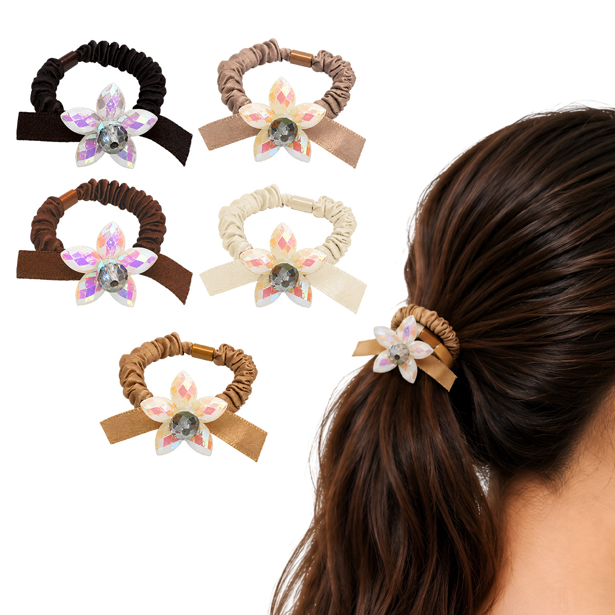 Matra Satin Hair Ties Scrunchies Ponytail Holders Rubber Bands with Flower Charm - Assorted Colors (5 pcs)