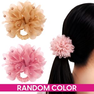 Matra Hair Scrunchies Elastic Ties Flower Fancy Beads Rubber Band for Kids Girls Women Any Color 2Pc