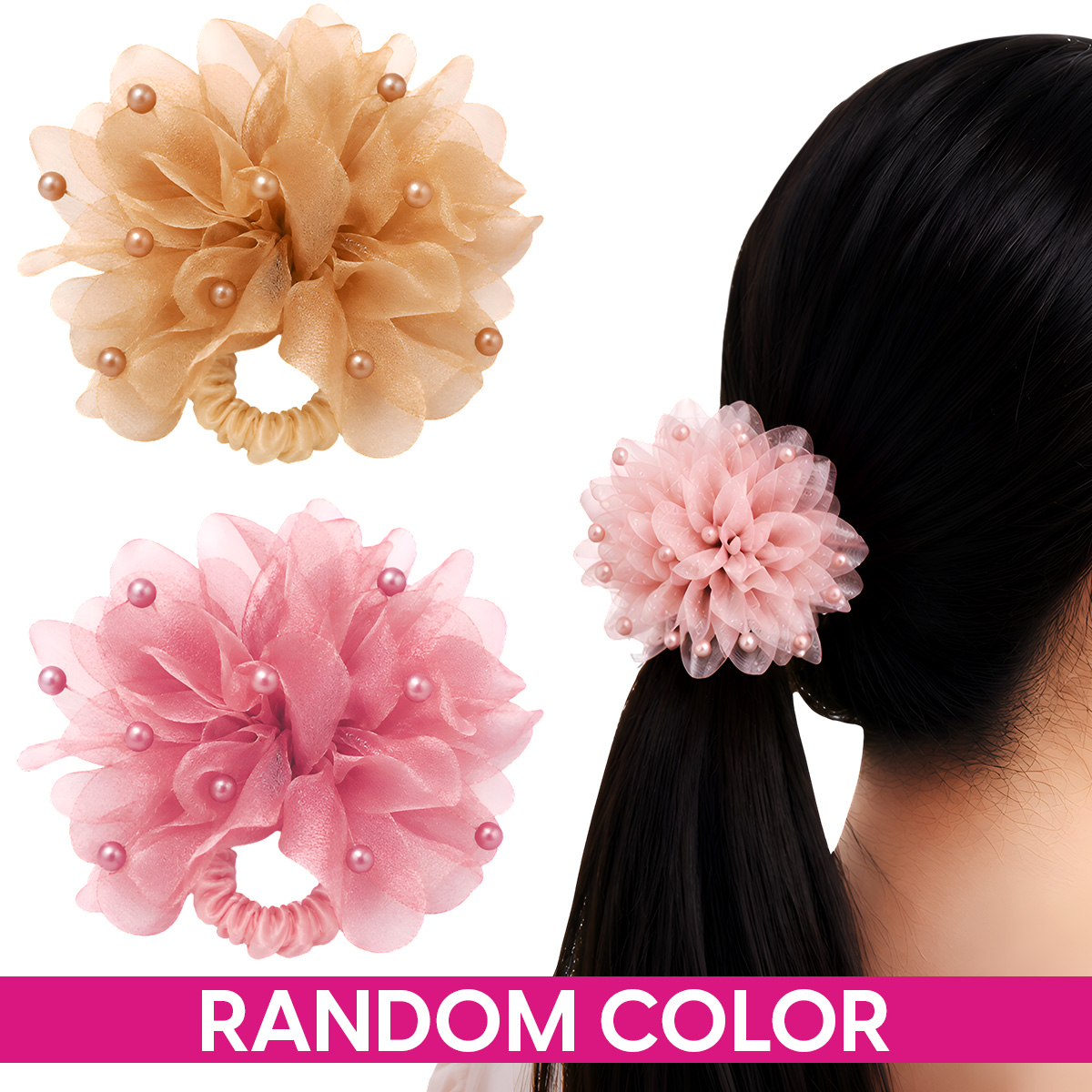 Matra Hair Scrunchies Elastic Ties Flower Fancy Beads Rubber Band for Kids Girls Women Any Color 2Pc