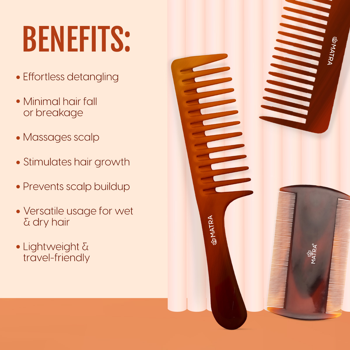 Matra Wide Teeth Shampoo Hair Combs & Lice Comb Set of 3 Head Lice Remover Detangling Broad Tooth - Image 2