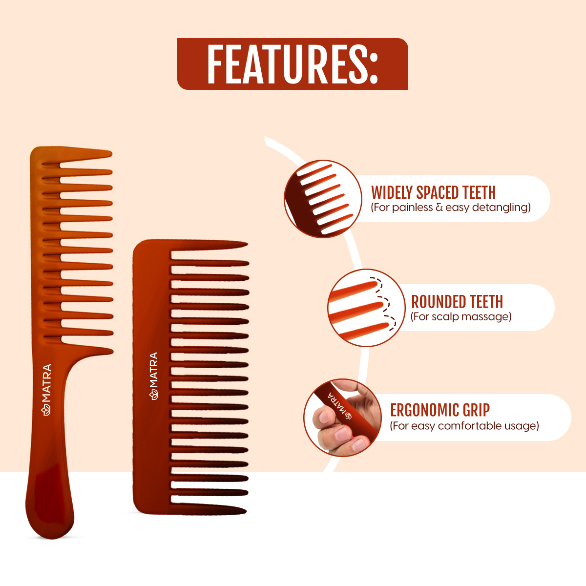 Matra Wide Teeth Shampoo Hair Combs & Lice Comb Set of 3 Head Lice Remover Detangling Broad Tooth - Image 3