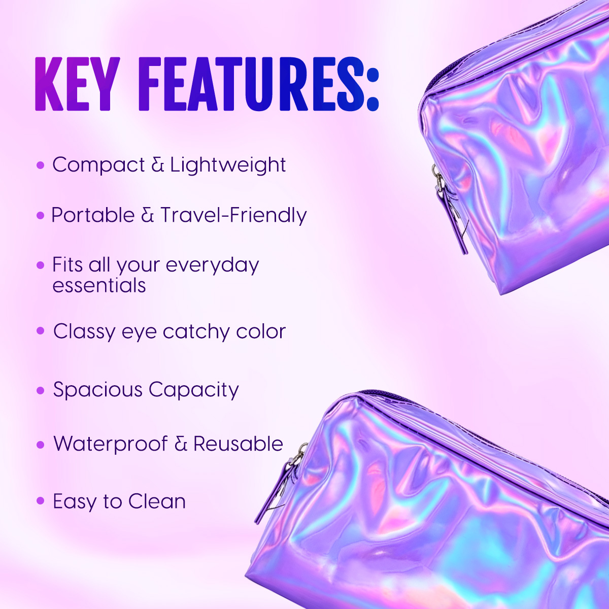 Matra Holographic Travel Makeup Pouch Bag Organizer for Cosmetics, Vanity & Toiletry Waterproof Kit - Image 4