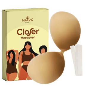 Matra Invisible Adhesive Bra Sticky Push Up Strapless Backless Silicone Gel Stick On Wire Free Reusable Non Wired Lightly Padded Bra for Women and Girls in Beige with Free Fashion Tapes