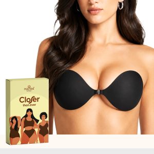 Matra Invisible Adhesive Bra Sticky Push Up Strapless Backless Silicone Gel Stick On Wire Free Reusable Non Wired Lightly Padded Bra for Women and Girls in Black with Free Fashion Tapes