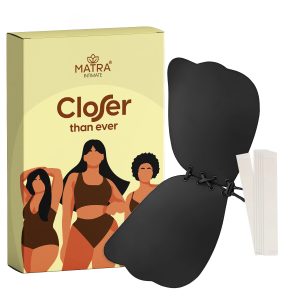 Matra Butterfly Strapless Bra Backless Invisible Adhesive Silicone Stick On Wire Free Sticky Lift Cups Silicon Seamless with Lace Up Dori for Women and Girls in Black
