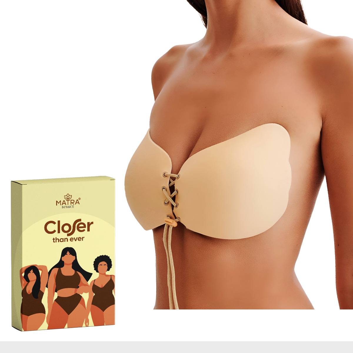 Matra Butterfly Strapless Bra Backless Invisible Adhesive Silicone Stick On Wire Free Sticky Lift Cups Silicon Seamless with Lace Up Dori for Women and Girls in Beige Nude